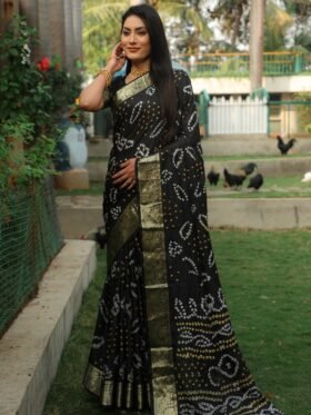 Saree Kanjivaram Border Bandhej Saree-Dark Green