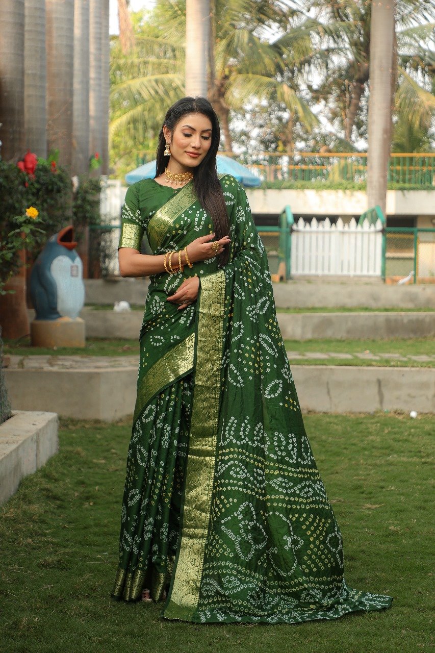 Saree Kanjivaram Border Bandhej Saree-Green-1 Saree Kanjivaram Border Bandhej Saree-Colour-Green