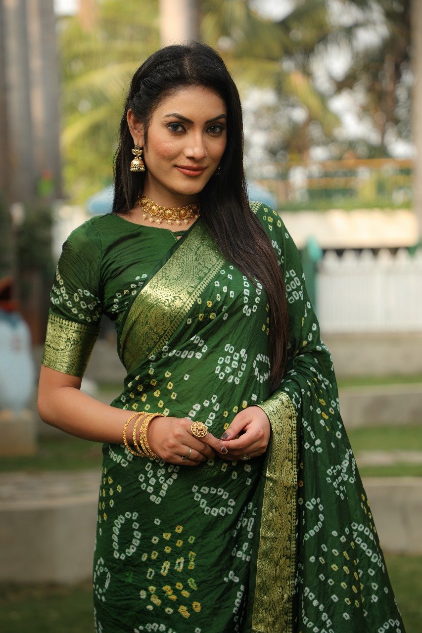 Saree Kanjivaram Border Bandhej Saree-Green-2