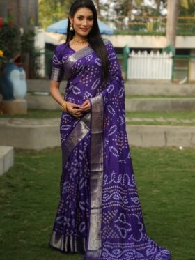 Saree Kanjivaram Border Bandhej Saree-Purple