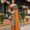 Saree-Velvet Chifon With Sequence Blouse-Colour-Orange and Mehndi