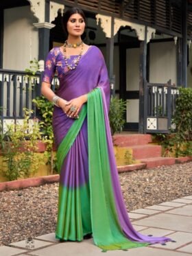 Saree-Velvet Chifon With Sequence Blouse-Colour-Multi colour-Green and Purple