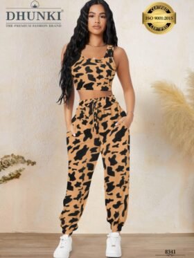 Two piece set in attractive print, pant with pocket Colour-Brown