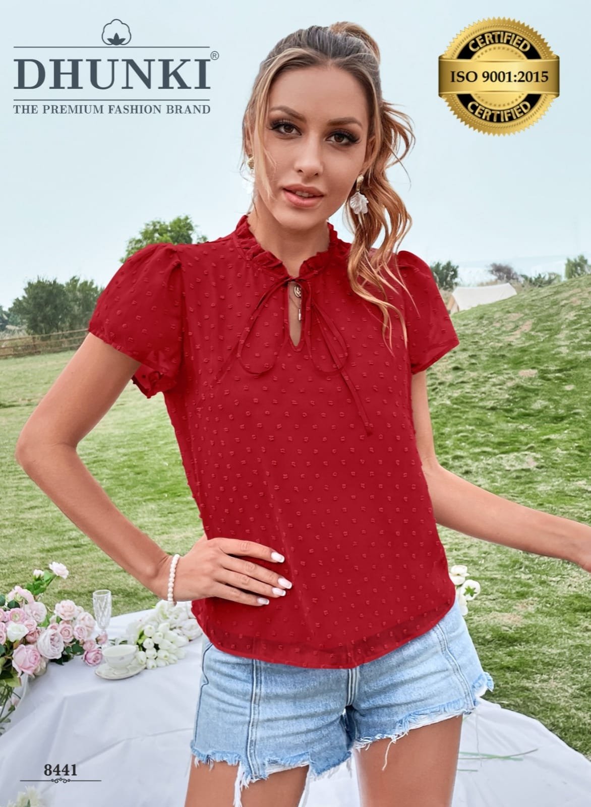 Western Wear Short Sleeve Top With Designer Neck and premium soft chiffon Georgette Colour-Red Western Wear Short Sleeve Top With Designer Neck and premium soft chiffon Georgette Size: S(36), M(38), L(40) & XL(42) Colour-Red