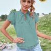Western-Wear-Short-Sleeve-Top-With-Designer-Neck-and-premium-soft-chiffon-Georgette-Colour-Teal-Green.