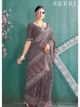 Saree-Pure Cotton Block Print Saree Colour-Greyish Brown