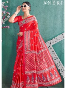 Saree-Pure Cotton Block Print Saree Colour-Red With White and Blue Floral Patterns