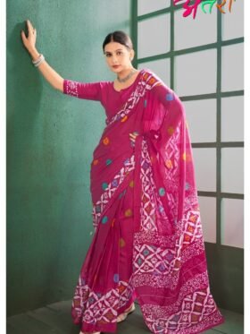 Saree-Pure Cotton Block Print Saree Colour-Pink With White And Darker Pink Pastterns