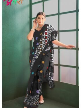 Saree-Pure Cotton Block Print Saree Colour-Black And Blue Green yellow And Red Printed
