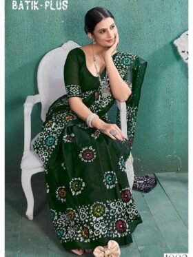 Saree-Pure Cotton Block Print Saree Colour-Dark Green and Black