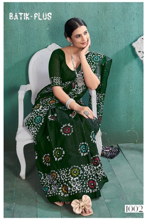 Saree-Pure Cotton Block Print Saree Colour-Dark Green and Black