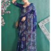 Saree-Pure Cotton Block Print Saree Colour-Blue Colour With White Red And Yellow Patterns