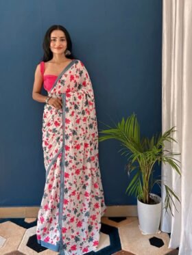SAREE-PURE COTTON JAIPUR BLOCK PRINT SAREES WITH UNSTITCHED BLOUSE PICE-COLOUR-White And Pink Gray Prints