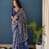 SAREE-PURE COTTON JAIPUR BLOCK PRINT SAREES WITH UNSTITCHED BLOUSE PICE-COLOUR-Navy Blue With White Primts