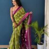 SAREE-PURE COTTON JAIPUR BLOCK PRINT SAREES WITH UNSTITCHED BLOUSE PICE-COLOUR-Green With Purple Border And Pallu