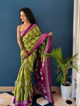 SAREE-PURE COTTON JAIPUR BLOCK PRINT SAREES WITH UNSTITCHED BLOUSE PICE-COLOUR-Green With Purple Border And Pallu