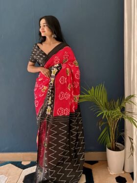 SAREE-PURE COTTON JAIPUR BLOCK PRINT SAREES WITH UNSTITCHED BLOUSE PICE-Red and Black