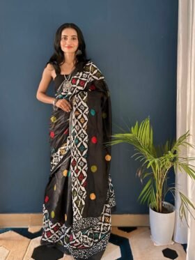SAREE-PURE COTTON JAIPUR BLOCK PRINT SAREES WITH UNSTITCHED BLOUSE PICE-Colour- Black