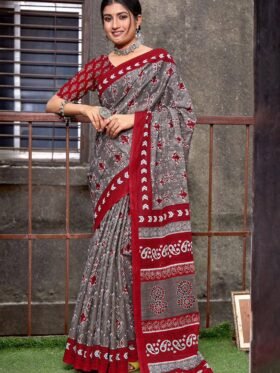 SAREE- PURE COTTON JAIPUR BLOCK PRINT SAREES WITH UNSTITCHED BLOUSE PICE-COLOUR-RED AND GRAY