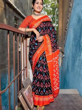 SAREE- PURE COTTON JAIPUR BLOCK PRINT SAREES WITH UNSTITCHED BLOUSE PICE-COLOUR-RED AND BLACK
