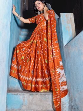 SAREE- PURE COTTON JAIPUR BLOCK PRINT SAREES WITH UNSTITCHED BLOUSE PICE-COLOUR-ORANGE