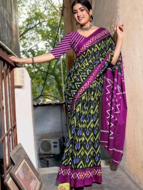 SAREE- PURE COTTON JAIPUR BLOCK PRINT SAREES WITH UNSTITCHED BLOUSE PICE-COLOUR-GREEN AND PINK