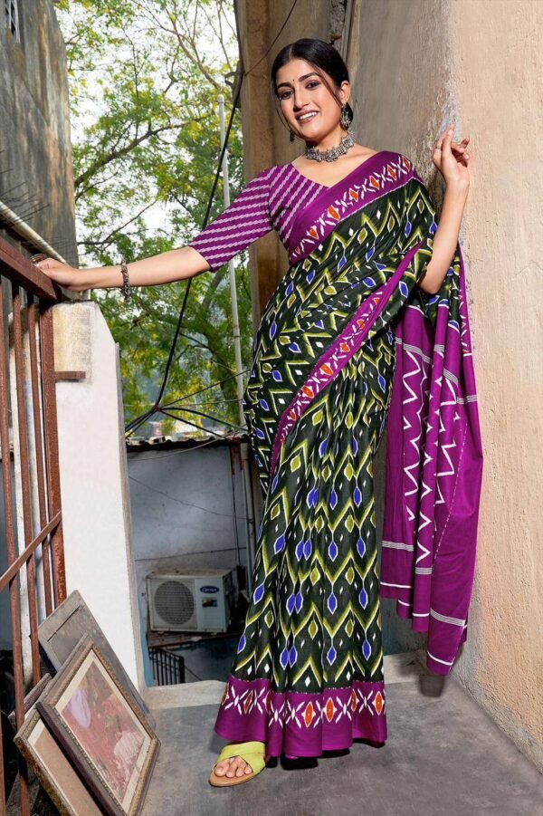 SAREE- PURE COTTON JAIPUR BLOCK PRINT SAREES WITH UNSTITCHED BLOUSE PICE-COLOUR-GREEN AND PINK