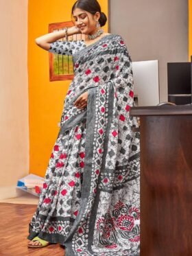 SAREE- PURE COTTON JAIPUR BLOCK PRINT SAREES WITH UNSTITCHED BLOUSE PICE-COLOUR-WHITE AND GRAY