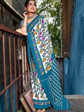 SAREE- PURE COTTON JAIPUR BLOCK PRINT SAREES WITH UNSTITCHED BLOUSE PICE-COLOUR-WHITE AND BLUE