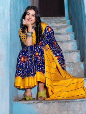 SAREE- PURE COTTON JAIPUR BLOCK PRINT SAREES WITH UNSTITCHED BLOUSE PICE-COLOUR-YELLOW AND BLUE