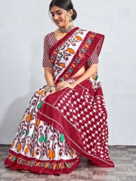 SAREE- PURE COTTON JAIPUR BLOCK PRINT SAREES WITH UNSTITCHED BLOUSE PICE-COLOUR-WHITE AND RED