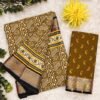 SAREE-MULMUL AJRAKH BLOCK PRINT WITH HEVAY ZARI BORDER SAREE-COLOUR-BROWN WITH WHITE PRINT