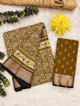 SAREE-MULMUL AJRAKH BLOCK PRINT WITH HEVAY ZARI BORDER SAREE-COLOUR-BROWN WITH WHITE PRINT