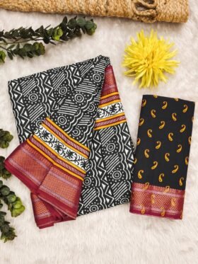 SAREE-MULMUL AJRAKH BLOCK PRINT WITH HEVAY ZARI BORDER SAREE-COLOUR-BLACK WITH WHITE PRINT