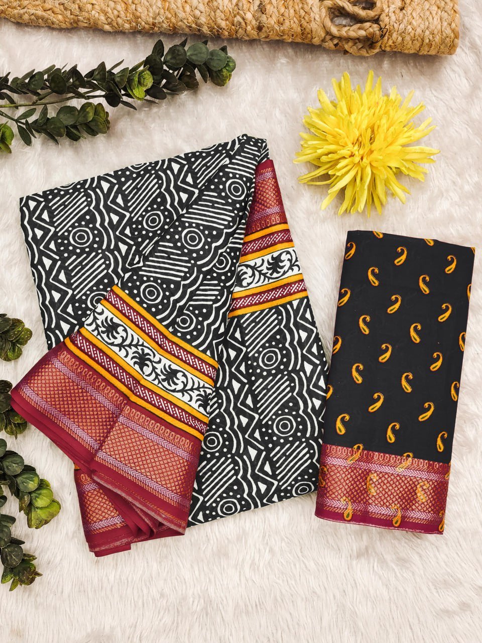 WhatsApp Image 2024-12-04 at 10.33.46 AM SAREE-MULMUL AJRAKH BLOCK PRINT WITH HEVAY ZARI BORDER SAREE-COLOUR-BLACK WITH WHITE PRINT