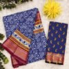 SAREE-MULMUL AJRAKH BLOCK PRINT WITH HEVAY ZARI BORDER SAREE-COLOUR-BLUE WITH WHITE PRINT