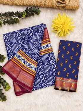 SAREE-MULMUL AJRAKH BLOCK PRINT WITH HEVAY ZARI BORDER SAREE-COLOUR-BLUE WITH WHITE PRINT