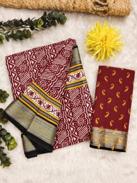 SAREE-MULMUL AJRAKH BLOCK PRINT WITH HEVAY ZARI BORDER SAREE-COLOUR-RED WITH WHITE PRINT