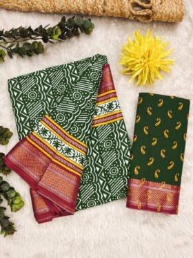 SAREE-MULMUL AJRAKH BLOCK PRINT WITH HEVAY ZARI BORDER SAREE-COLOUR-GREEN WITH WHITE PRINT