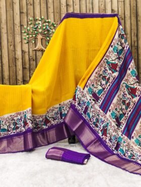 Saree- Pure DOLA silk SAREE WITH PANEL DESIGN -Colour-Yellow With a Purple Border and Pallu