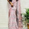 SAREE-GEORGETTE FABRIC WITH ALL OVER KALMAKARI FLOWER DESIGN -COLOUR-LIGHT PINK WITH FLORAL PRINT