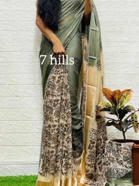 SAREE-GEORGETTE FABRIC WITH ALL OVER KALMAKARI FLOWER DESIGN -COLOUR-LIGHT GREEN WITH FLORAL PRINT