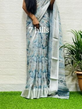 SAREE-GEORGETTE FABRIC WITH ALL OVER KALMAKARI FLOWER DESIGN -COLOUR-SKY BLUE FLORAL PRINT