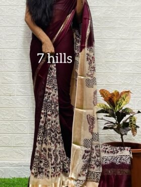 SAREE-GEORGETTE FABRIC WITH ALL OVER KALMAKARI FLOWER DESIGN -COLOUR-MAROON AND CREAM WITH FLORAL PRINT