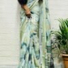 SAREE-GEORGETTE FABRIC WITH ALL OVER KALMAKARI FLOWER DESIGN -COLOUR- LIGHT GREEN WITH FLORAL PRINT