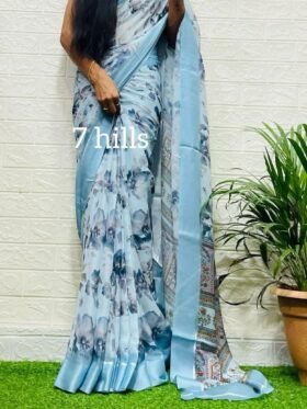 SAREE-GEORGETTE FABRIC WITH ALL OVER KALMAKARI FLOWER DESIGN -COLOUR- SKY BLUE WITH FLORAL PRINT