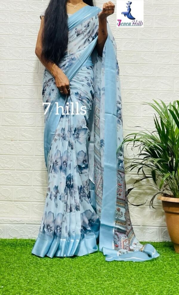 SAREE-GEORGETTE FABRIC WITH ALL OVER KALMAKARI FLOWER DESIGN -COLOUR- SKY BLUE WITH FLORAL PRINT