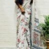 SAREE-GEORGETTE FABRIC WITH ALL OVER KALMAKARI FLOWER DESIGN -COLOUR- WHITE WITH FLORAL PRINT