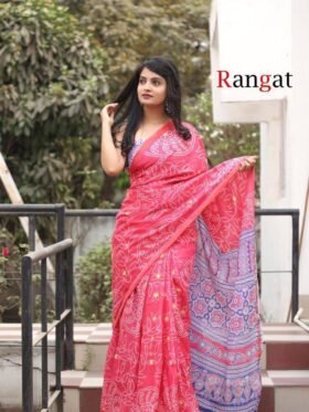 SAREE- PURE COTTON BANDHANI AND AJRAK BLOCK PRINT SAREES WITH BLOUSE PICE-COLOUR-PINK