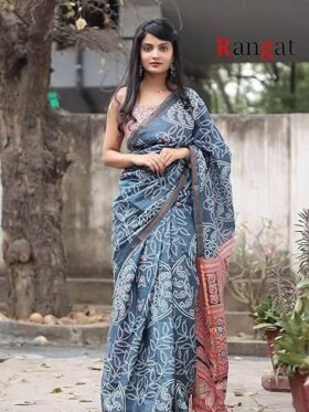 SAREE- PURE COTTON BANDHANI AND AJRAK BLOCK PRINT SAREES WITH BLOUSE PICE-COLOUR-GRAY